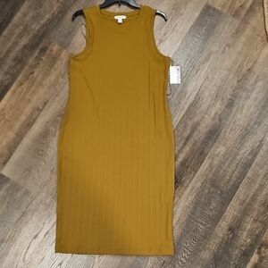 Nine West Yellow Ribbed Sheath Midi Dress Crew Neck Sleeveless